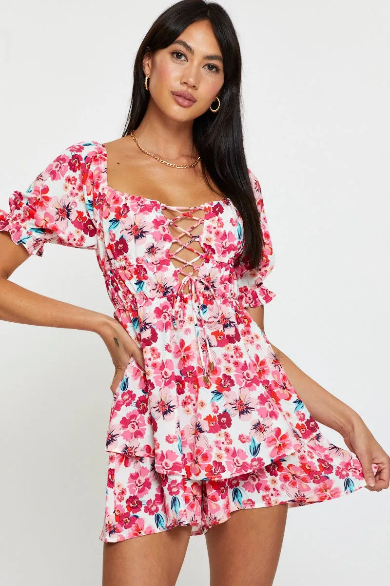 Red Print Playsuit Short Sleeve Evening