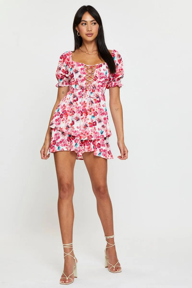 Red Print Playsuit Short Sleeve Evening