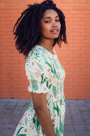 Rosita Midi Shirred Dress - Cream. Jungle Leaves