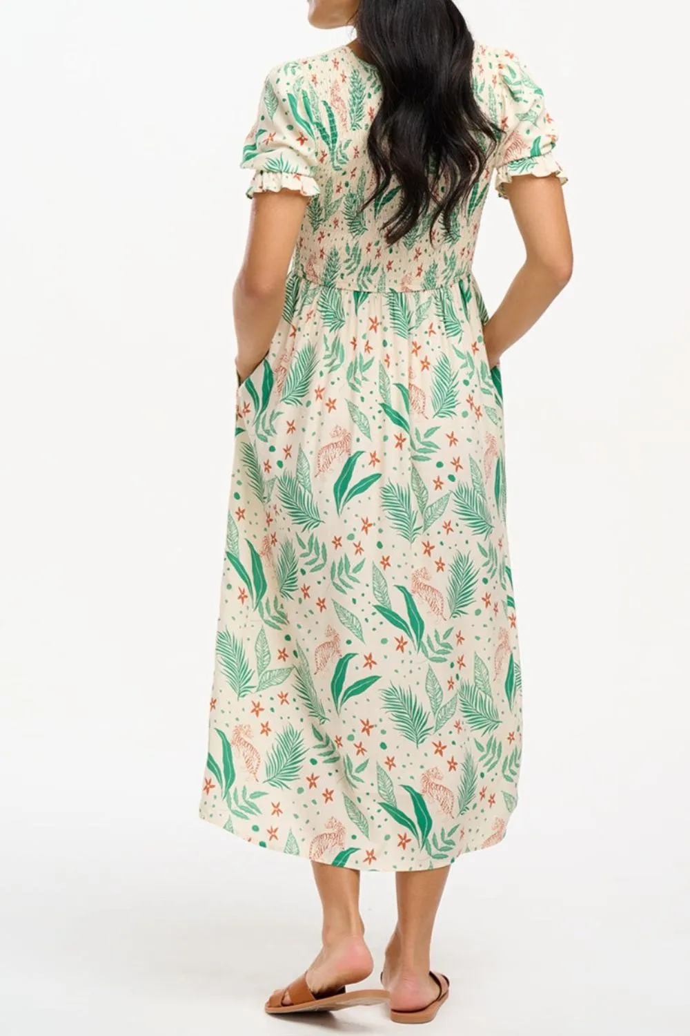 Rosita Midi Shirred Dress - Cream. Jungle Leaves