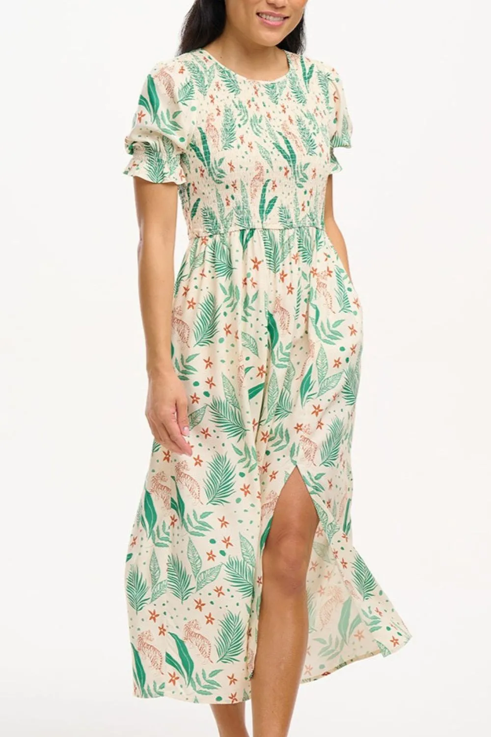 Rosita Midi Shirred Dress - Cream. Jungle Leaves