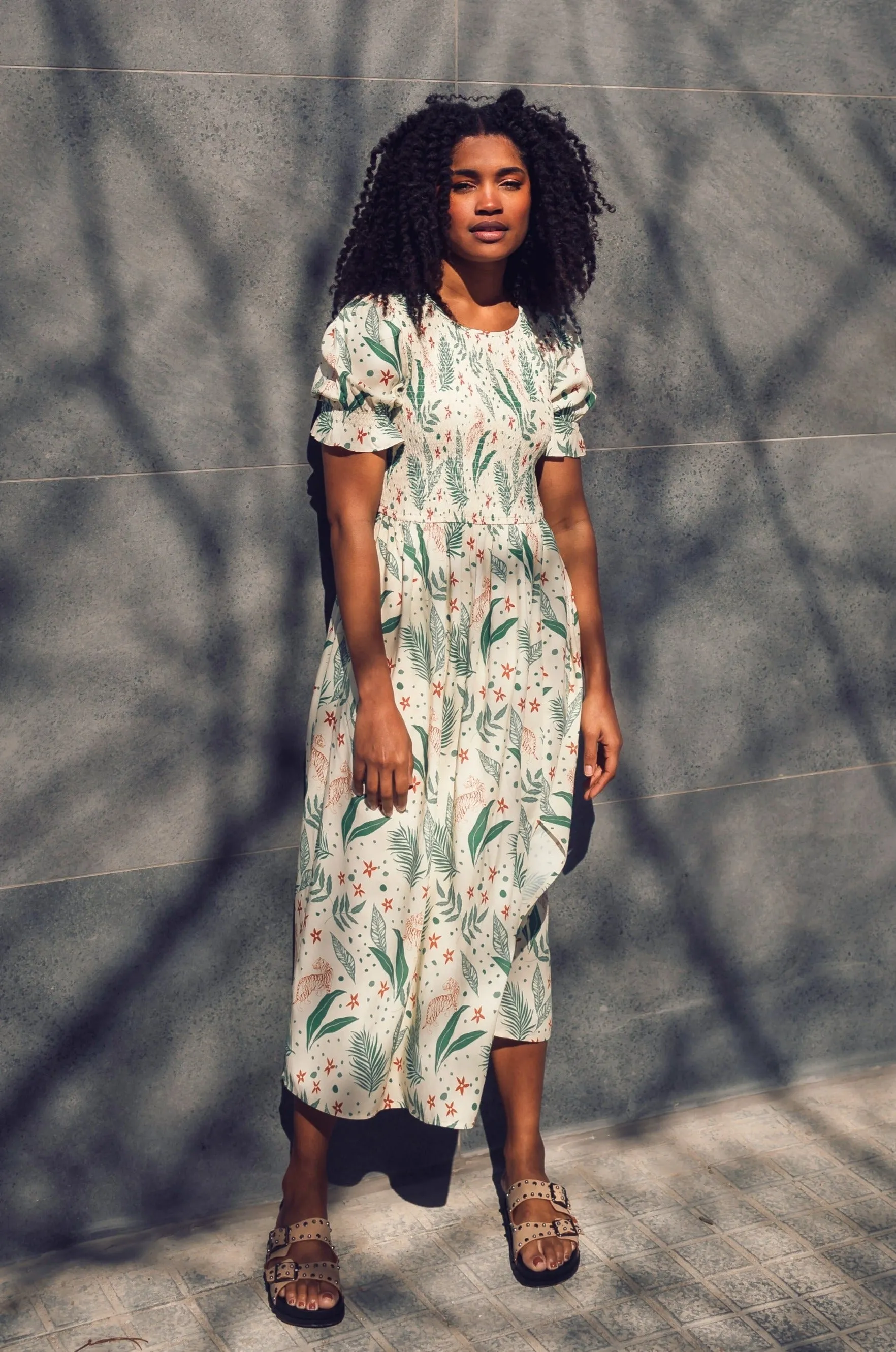Rosita Midi Shirred Dress - Cream. Jungle Leaves