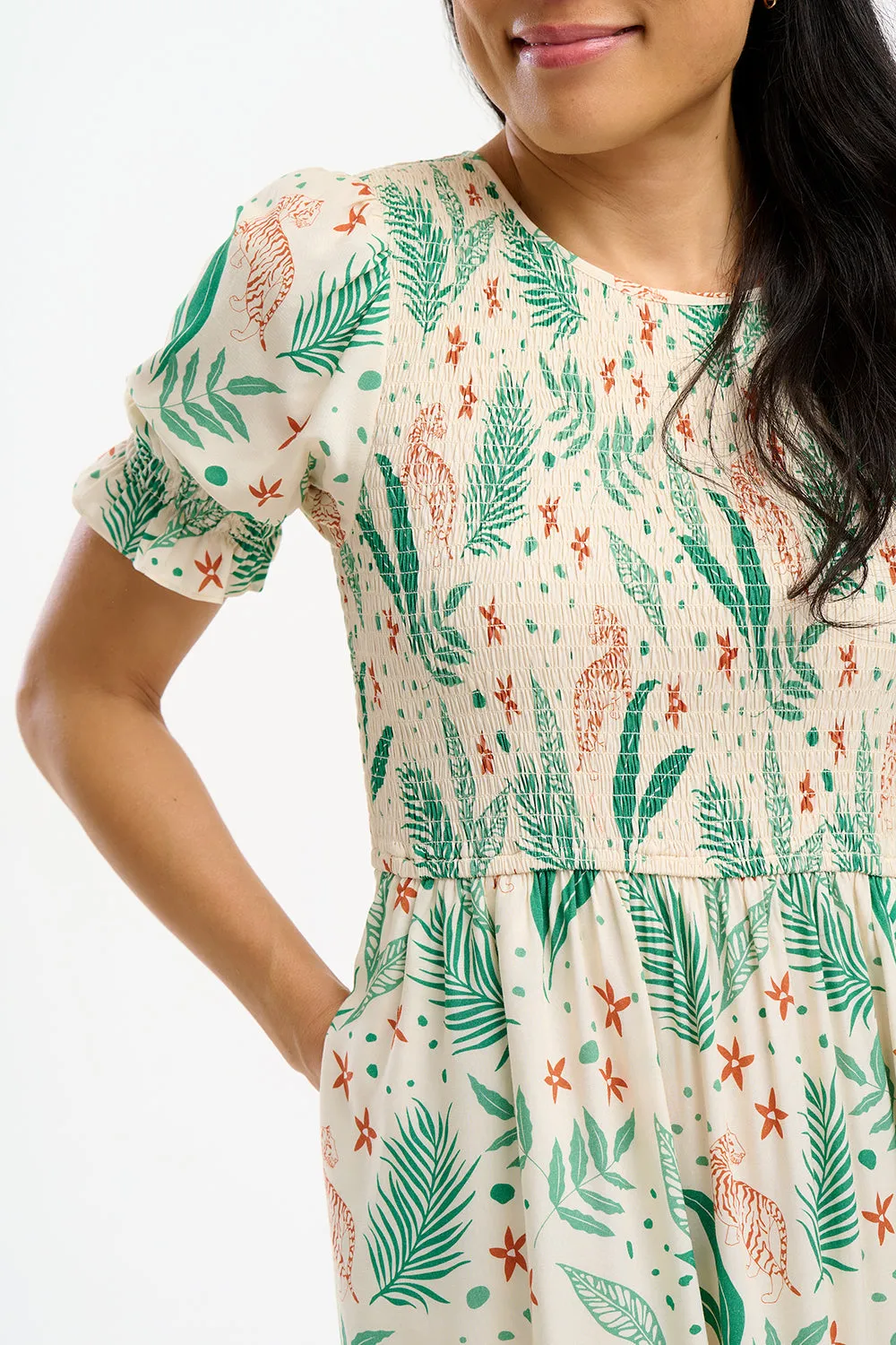 Rosita Midi Shirred Dress - Cream. Jungle Leaves