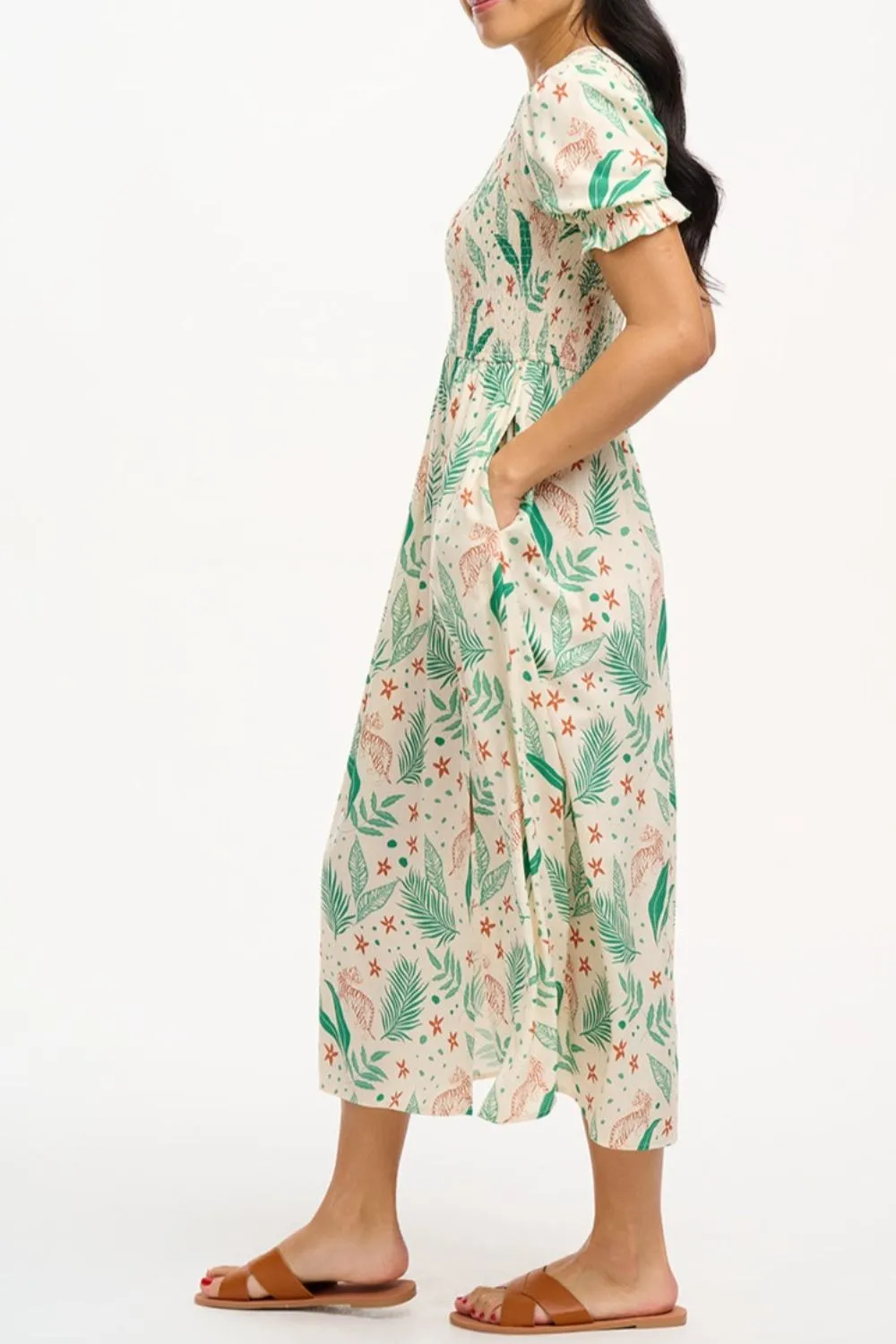 Rosita Midi Shirred Dress - Cream. Jungle Leaves