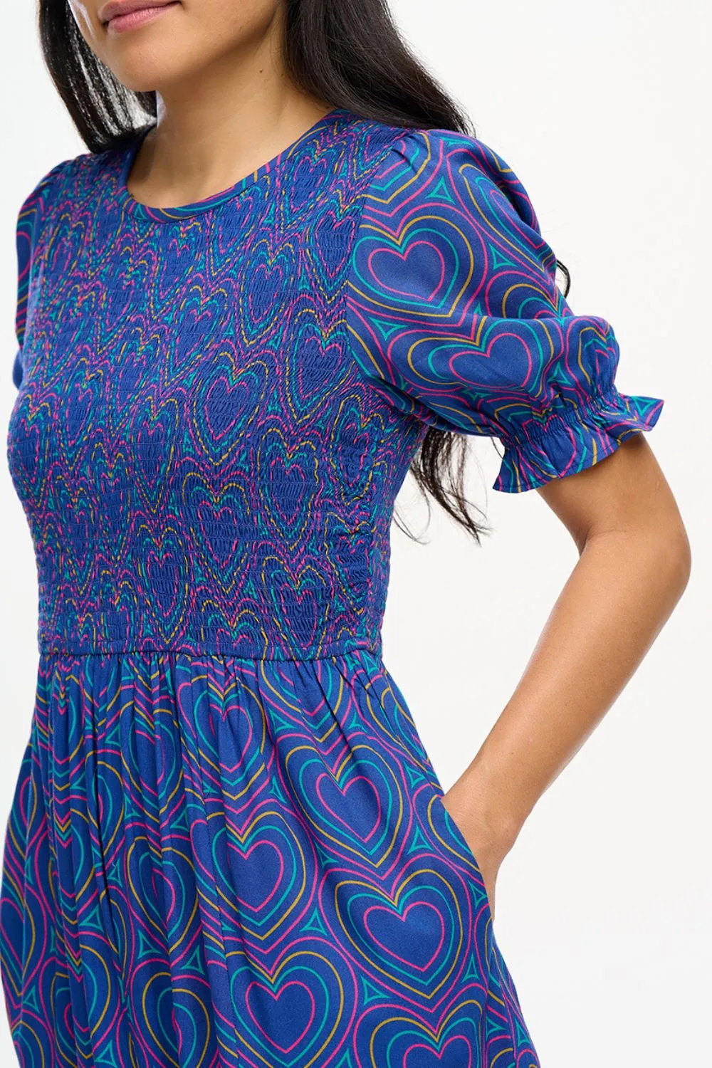 Rosita Midi Shirred Dress - Navy. Heart Explosion