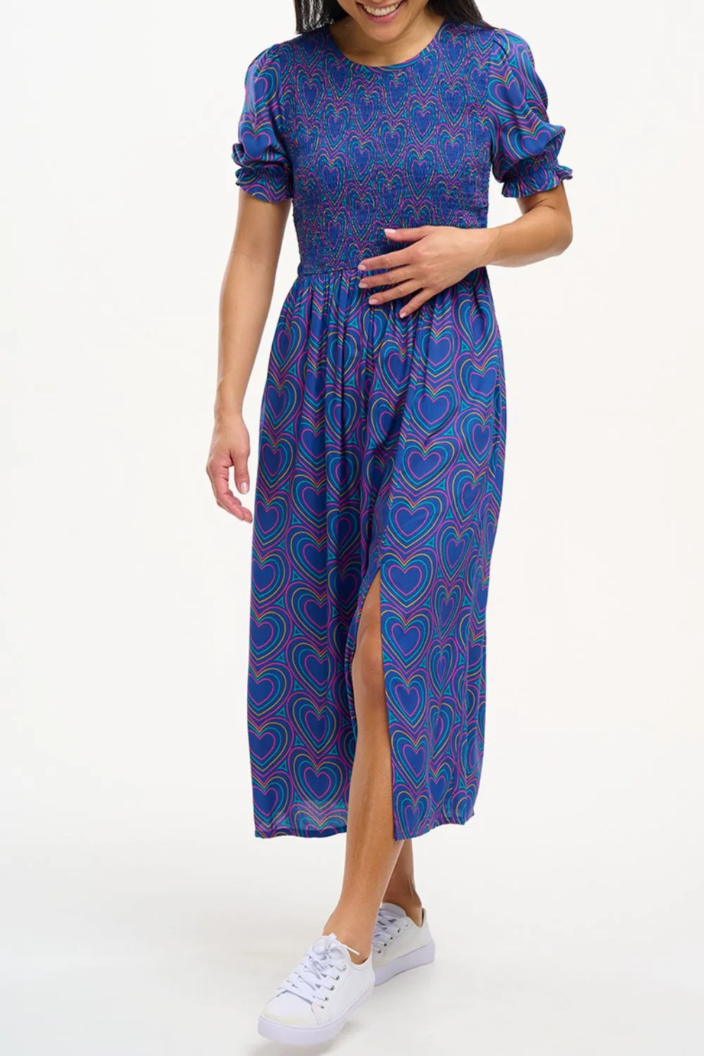 Rosita Midi Shirred Dress - Navy. Heart Explosion