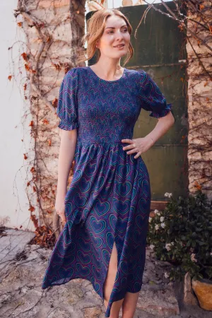 Rosita Midi Shirred Dress - Navy. Heart Explosion