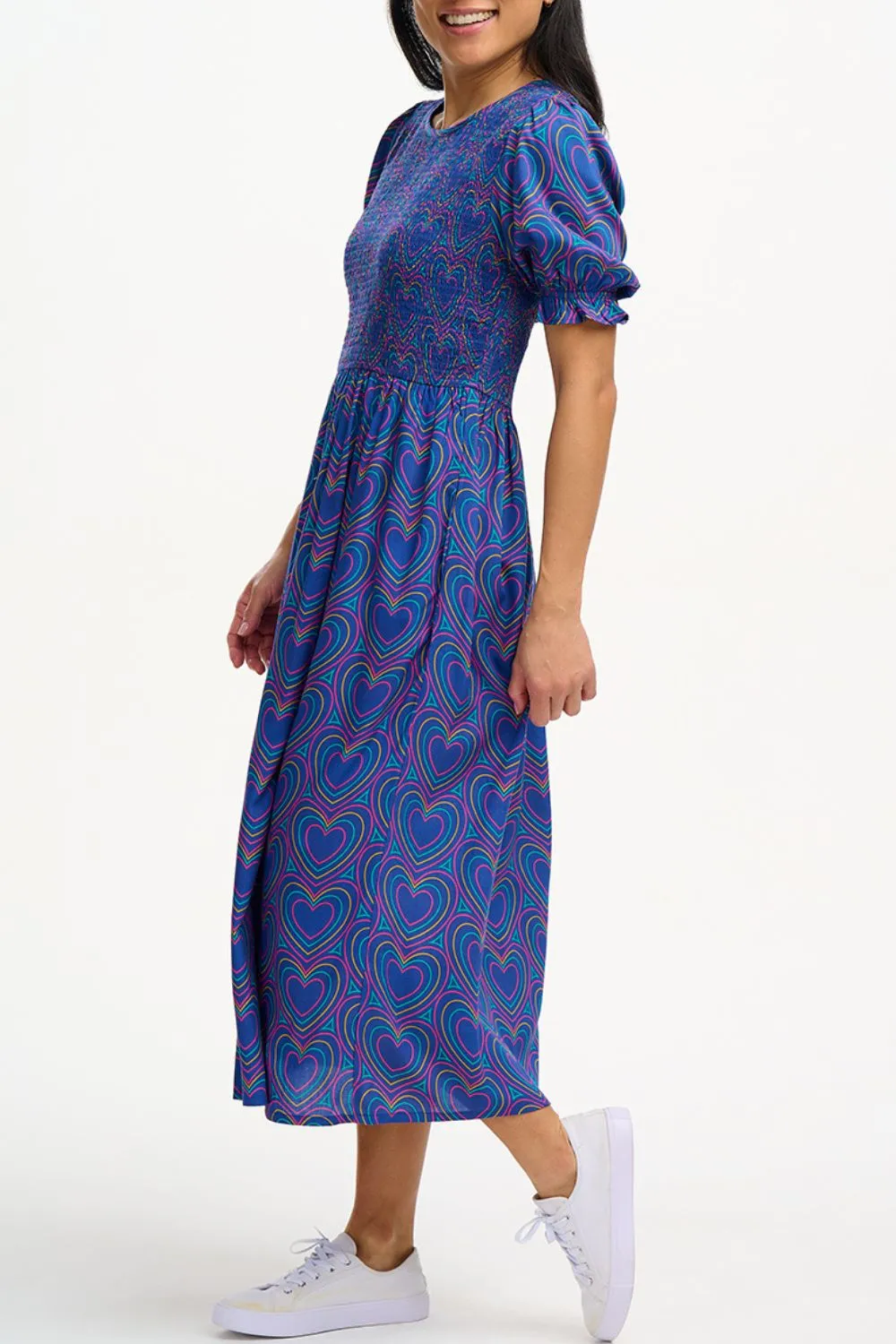 Rosita Midi Shirred Dress - Navy. Heart Explosion