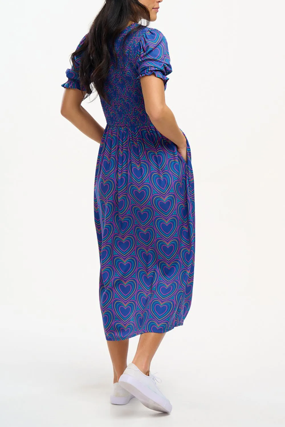 Rosita Midi Shirred Dress - Navy. Heart Explosion