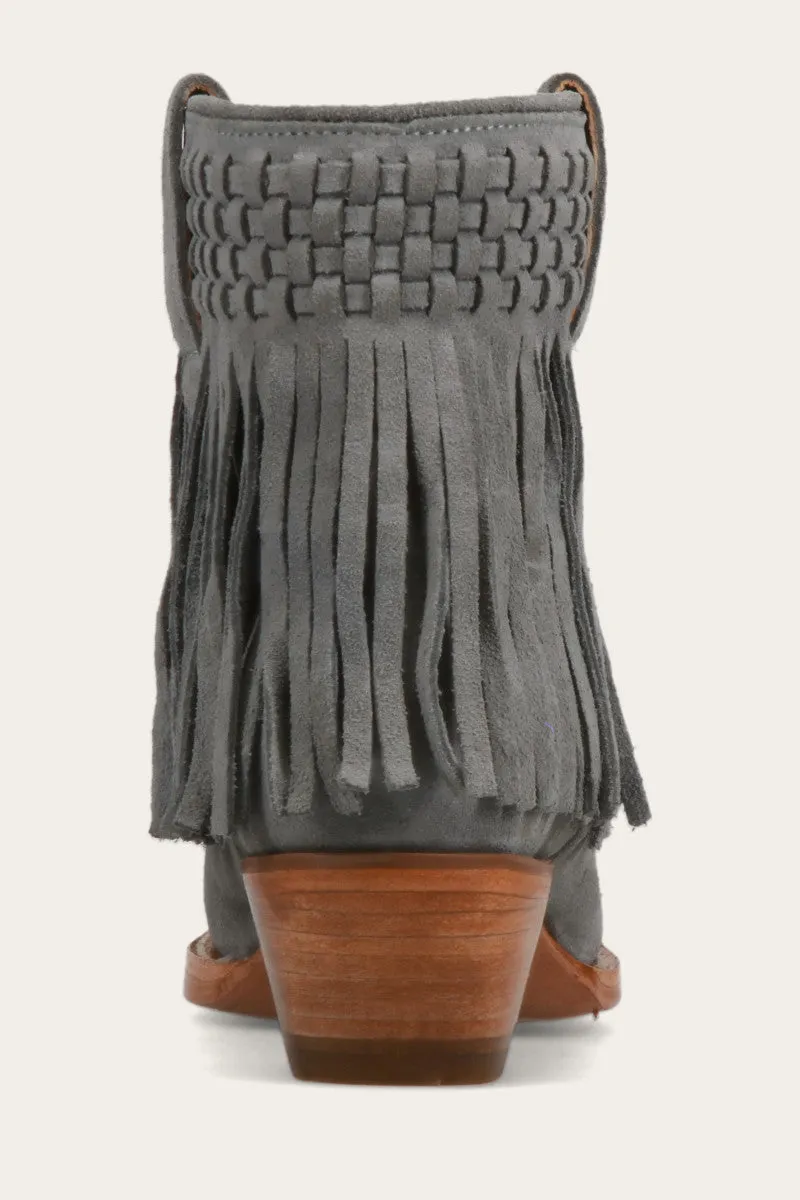 Sacha Short Fringe Bootie - Steel Blue - Pre-Loved