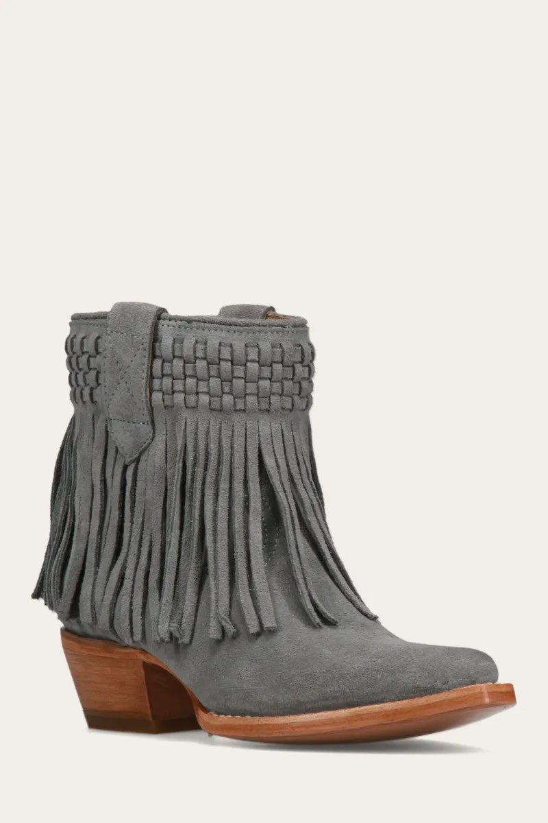 Sacha Short Fringe Bootie - Steel Blue - Pre-Loved