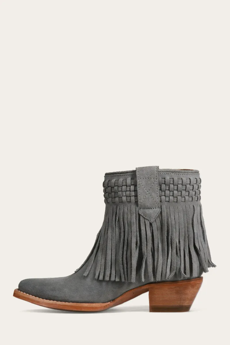 Sacha Short Fringe Bootie - Steel Blue - Pre-Loved
