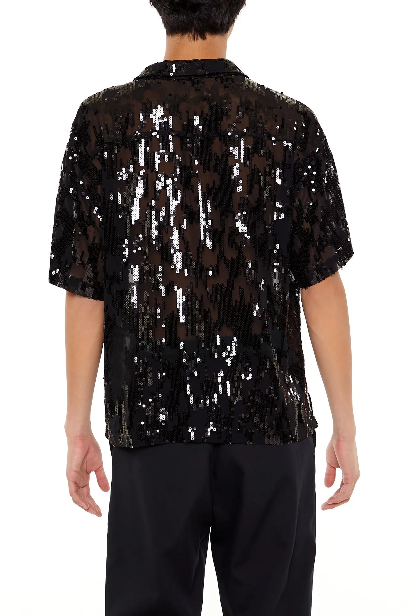 Semi Sheer Sequin Button-Up Top