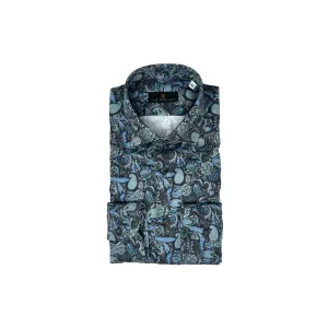 Slate Ground with Teal Floral Paisley Print Sport Shirt