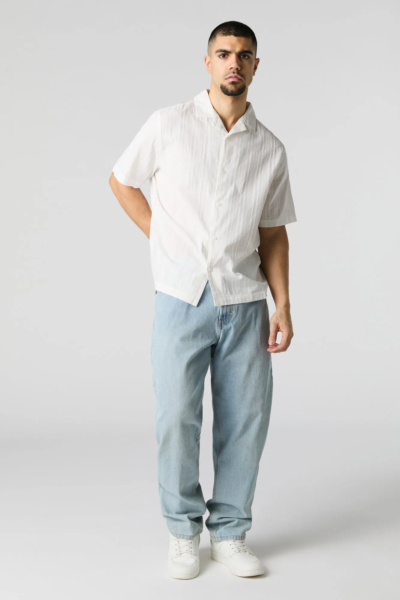 Textured Short Sleeve Button-Up Top