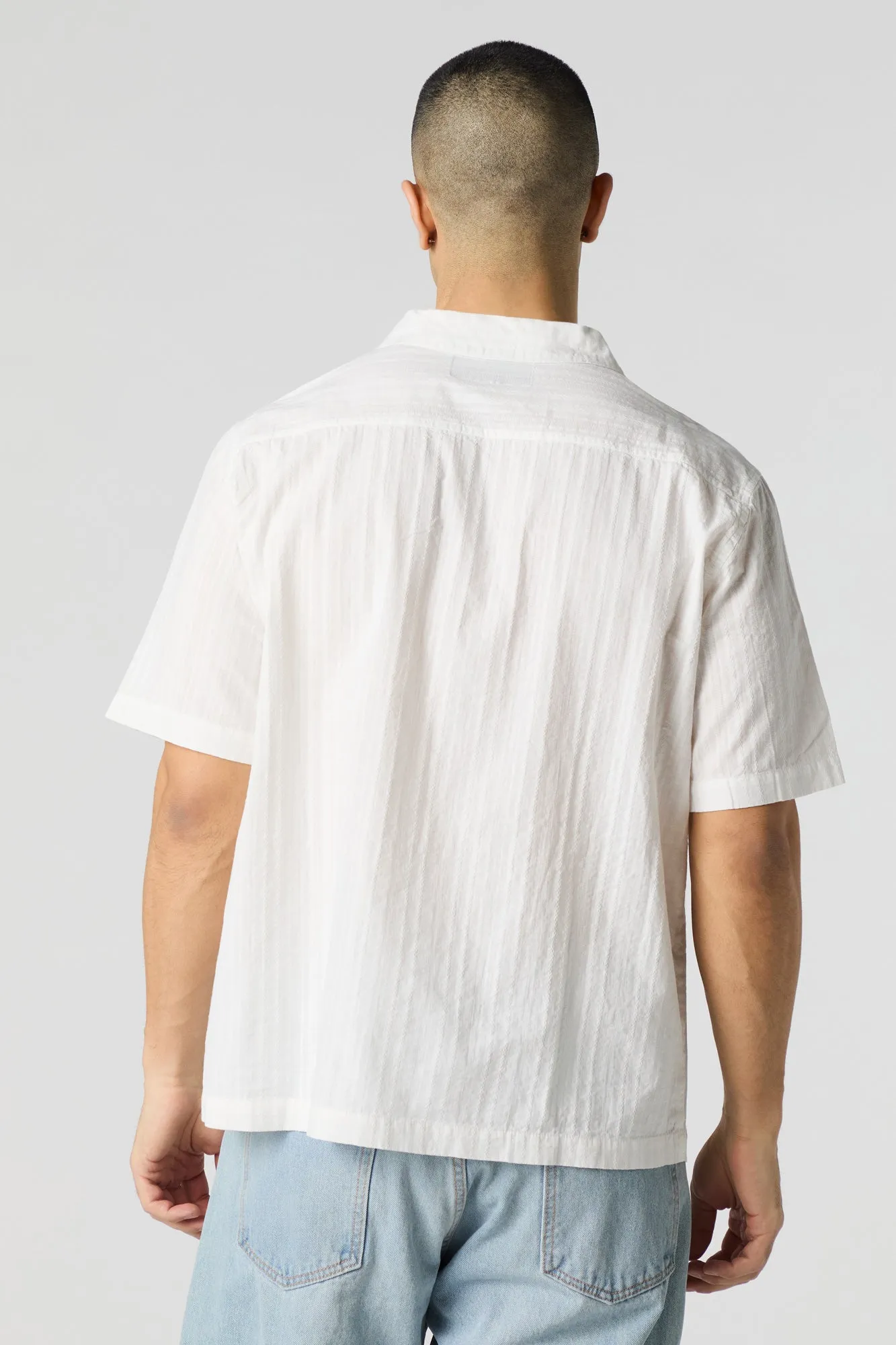Textured Short Sleeve Button-Up Top