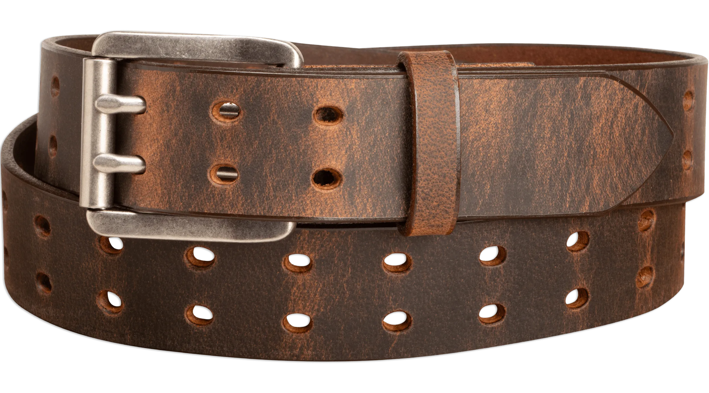 The Holey Buffalo: Crazy Horse Non Stitched Double Prong Water Buffalo Leather Belt With Nickel Roller 1.50" (Soft & Flexible)