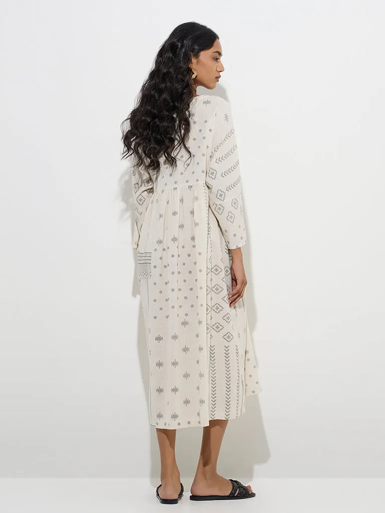 Utsa Off-White Geometric Pattern Cotton-Blend A-Line Dress