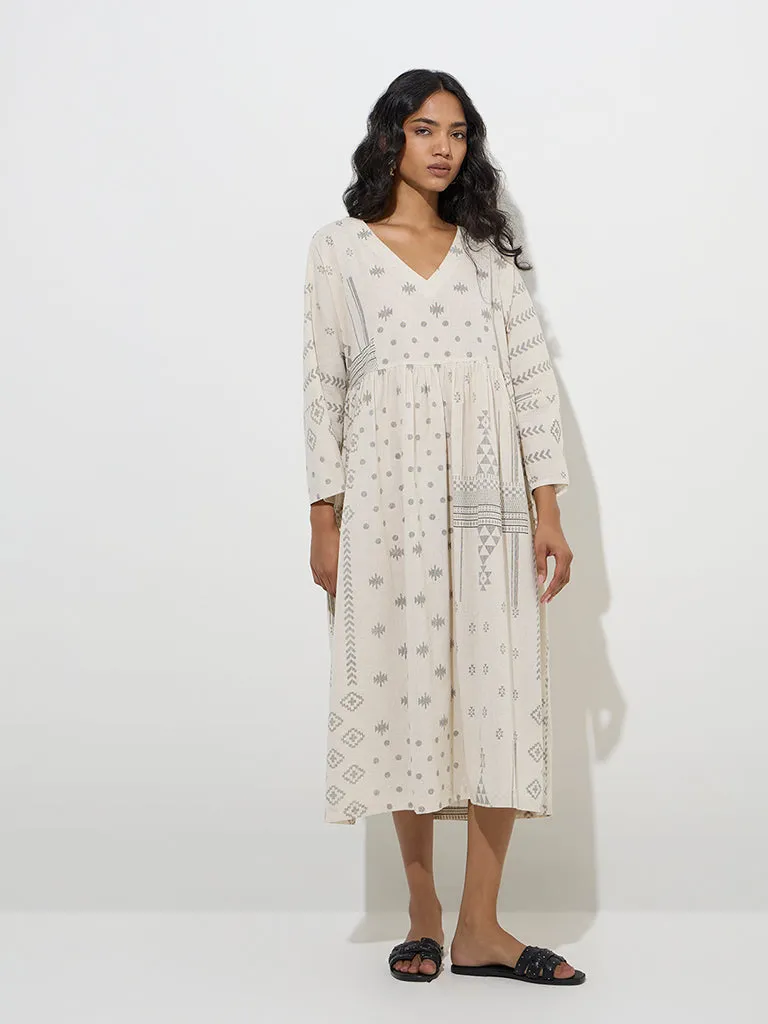 Utsa Off-White Geometric Pattern Cotton-Blend A-Line Dress