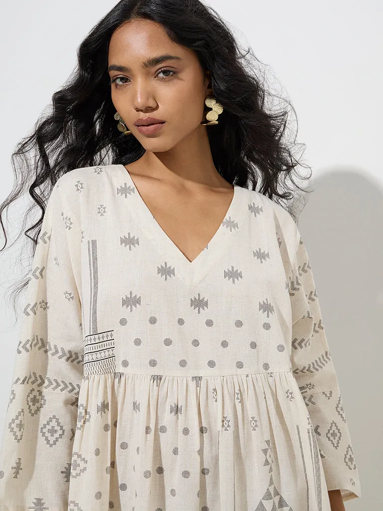 Utsa Off-White Geometric Pattern Cotton-Blend A-Line Dress