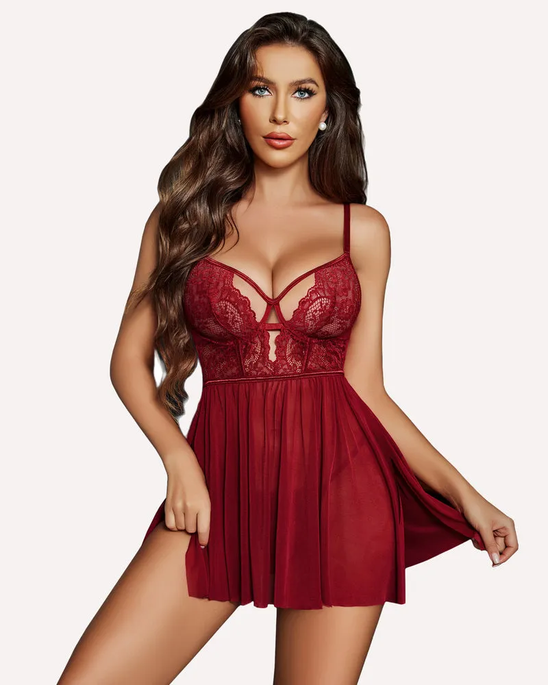 V Neck Lace Babydoll Mesh Slit Nightie Dress