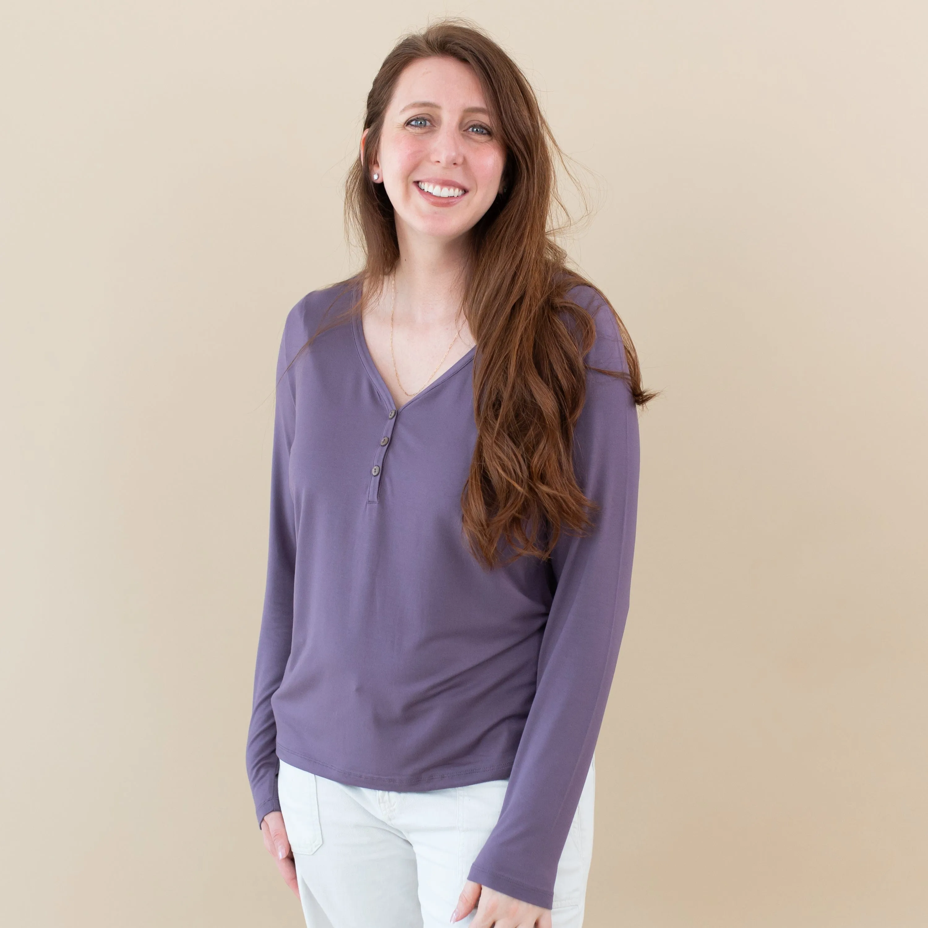 Women's Long Sleeve Henley Tee in Currant