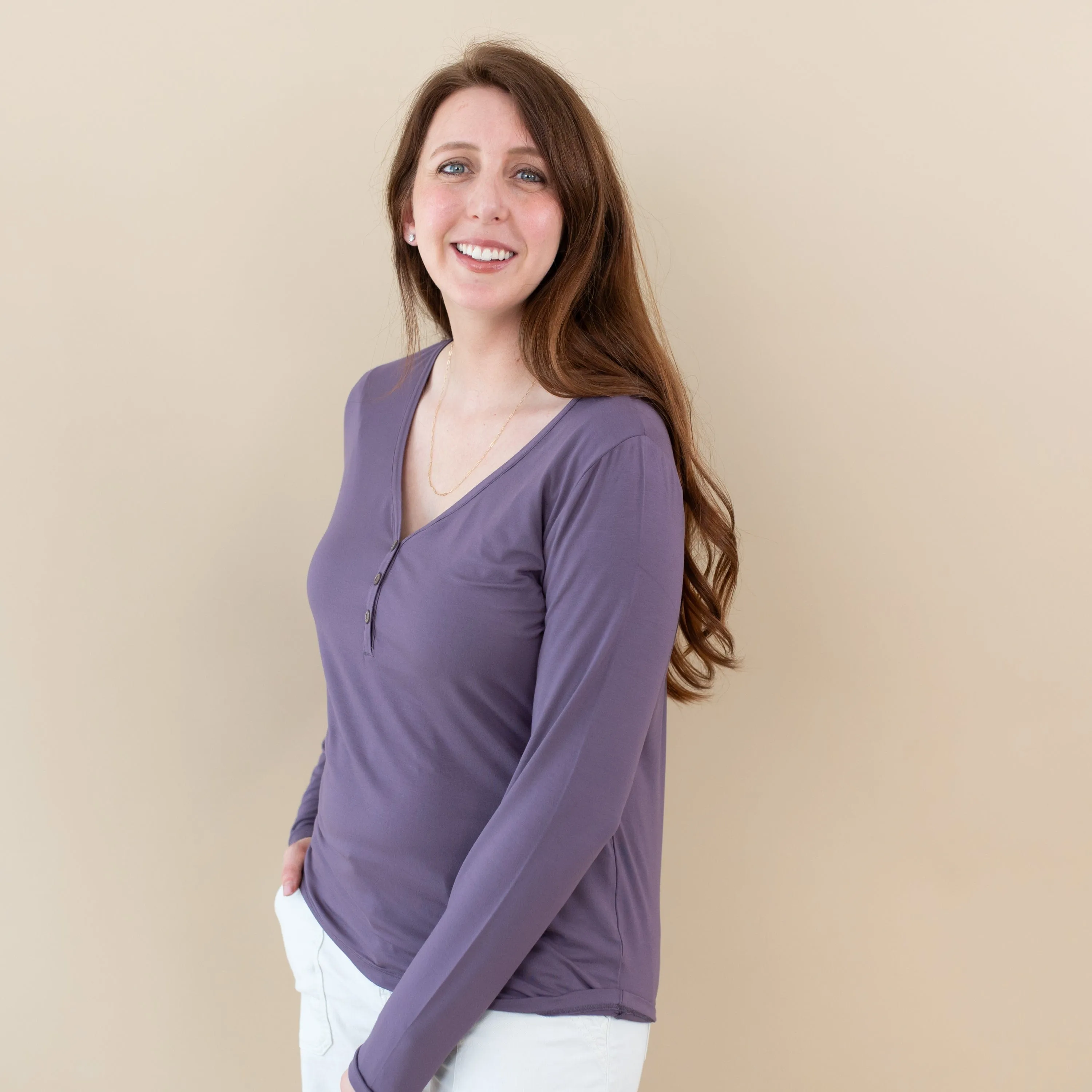 Women's Long Sleeve Henley Tee in Currant